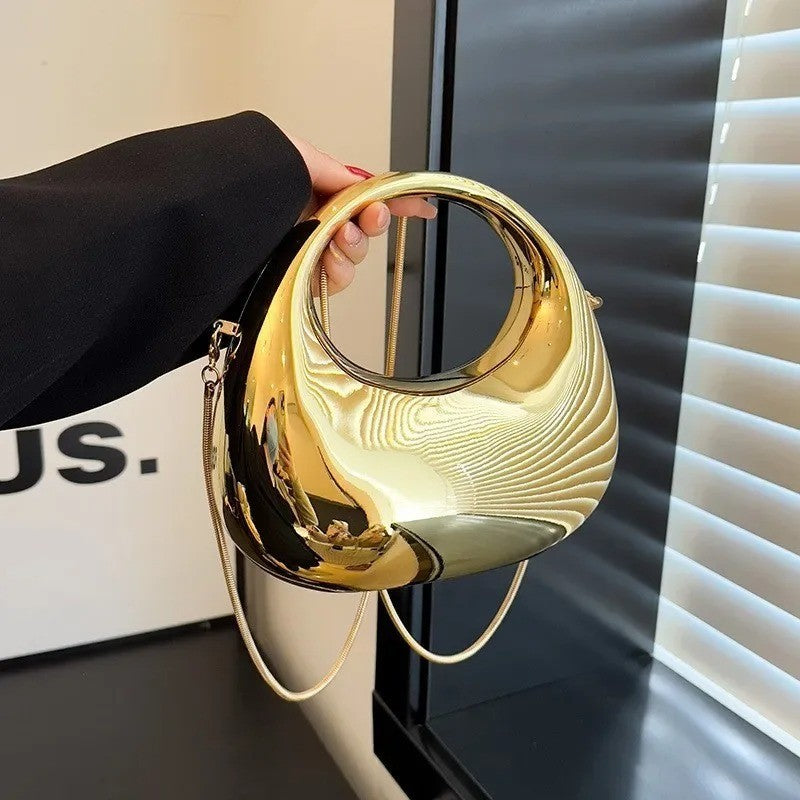 Sculptural Gold Mirror Metallic Crescent Bag Clutch Shoulder Crossbody Statement