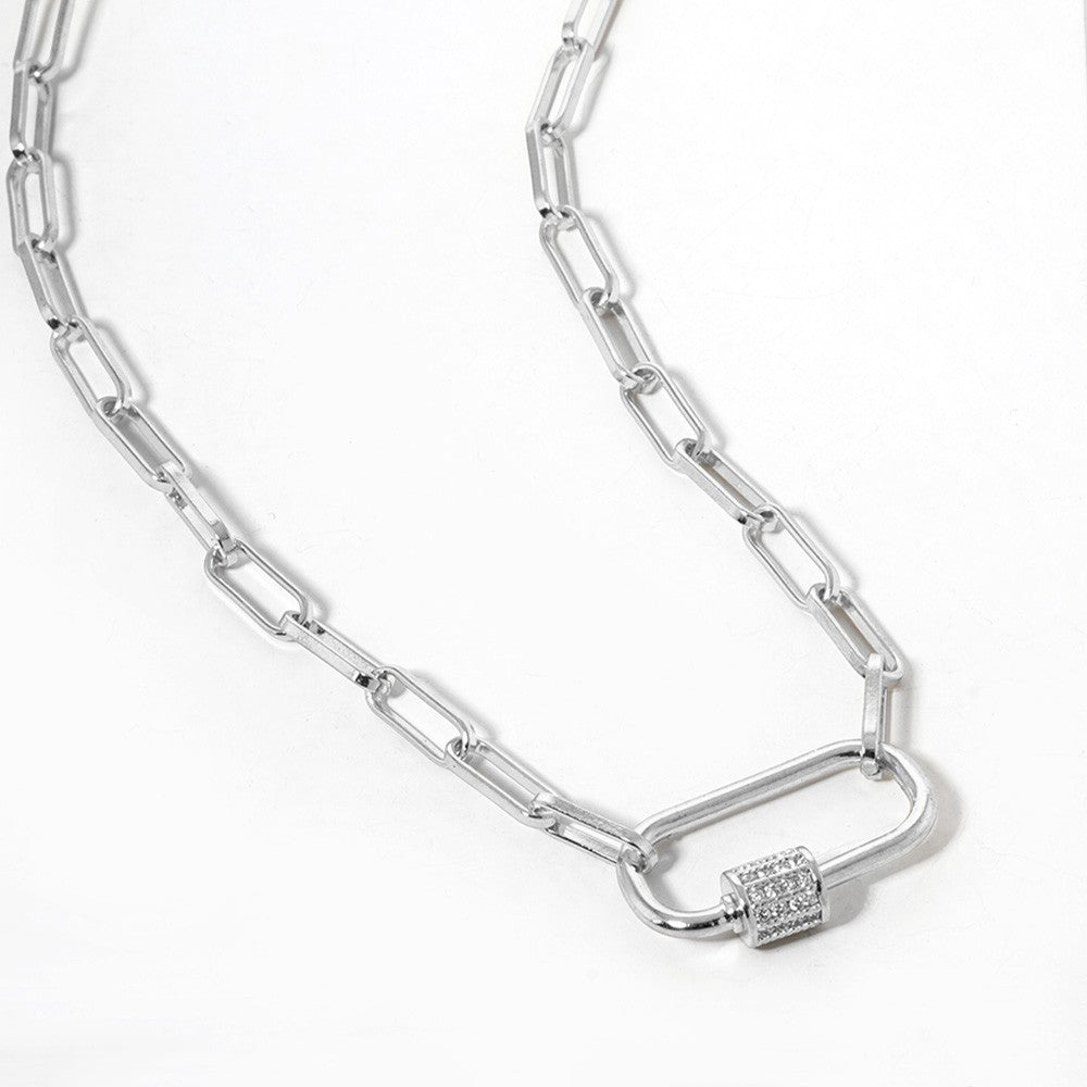 White Gold CZ Carabiner Pendant Paperclip Chain Necklace Elegant Sparkle Gift