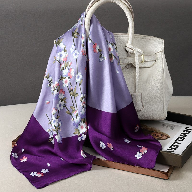Purple Cherry Blossom Silk Feel Square Scarf Floral Head Neck Hair Wrap 27.5in