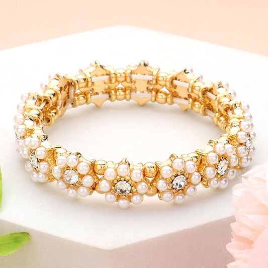 Gold Tone Flower Stretch Bracelet with Faux Pearls and Sparkling Crystals - 0.5"