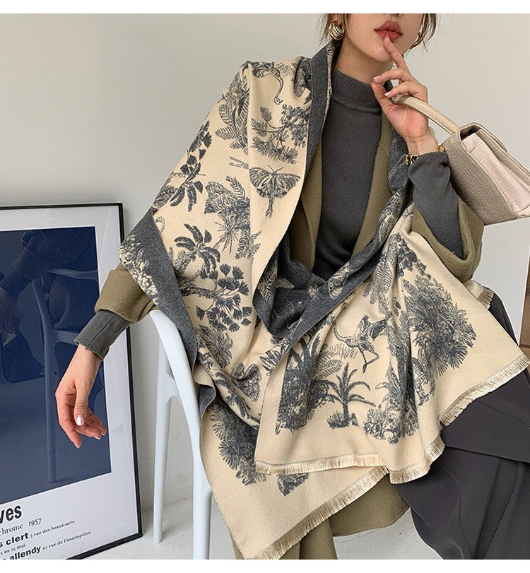 Neutral Toile De Jouy Print Scarf Shawl Wrap Winter Warm Long Reversible