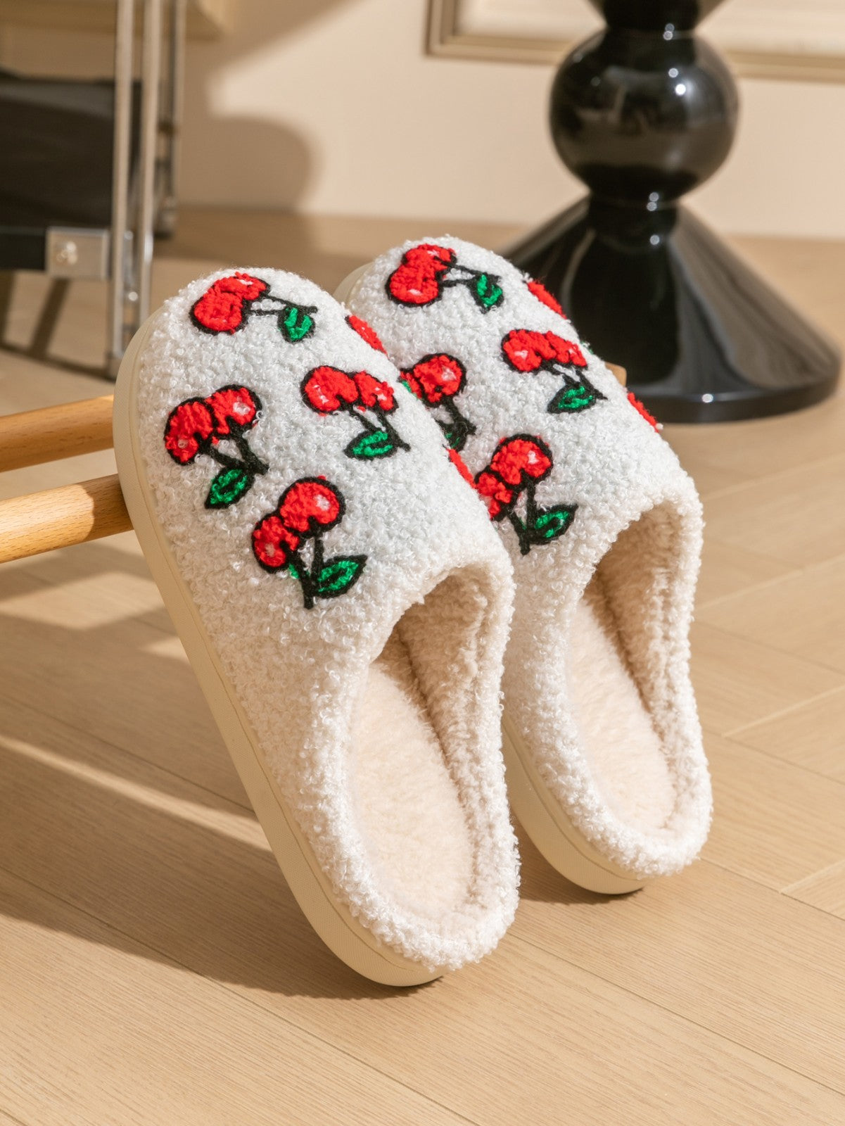 Warm Cherry House Slippers Women Sherpa Plush Fuzzy Non-Slip Indoor Home Shoes