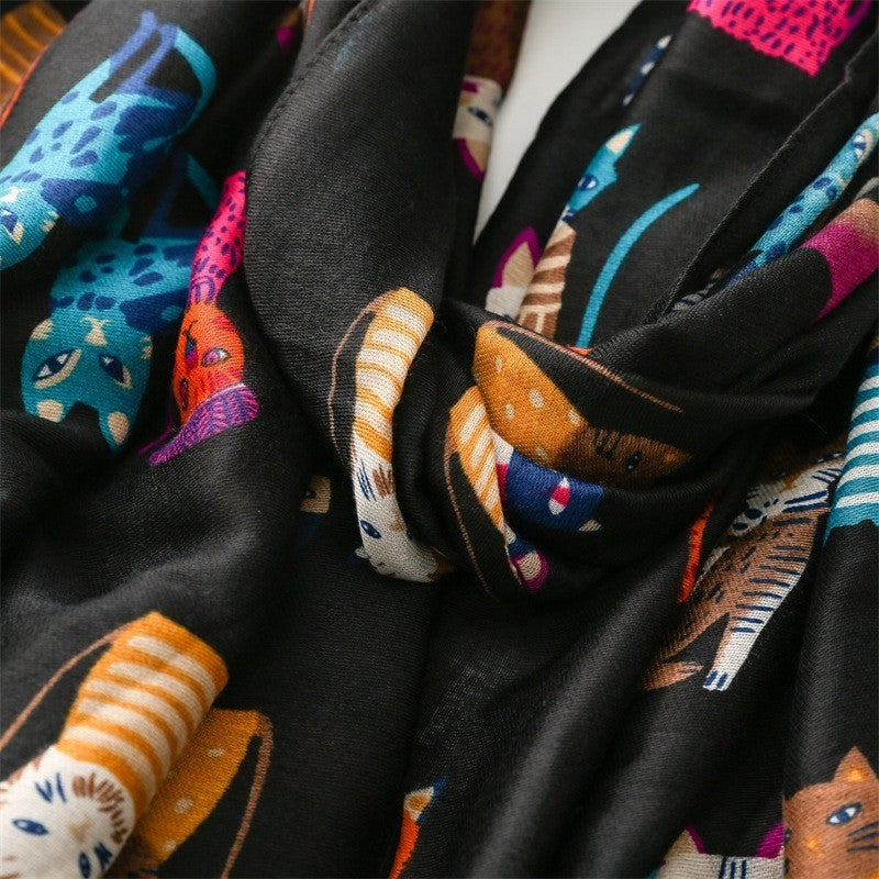 Cat Print Fringed Shawl Scarf Women Cotton Viscose Lightweight Wrap 71"x33" inch