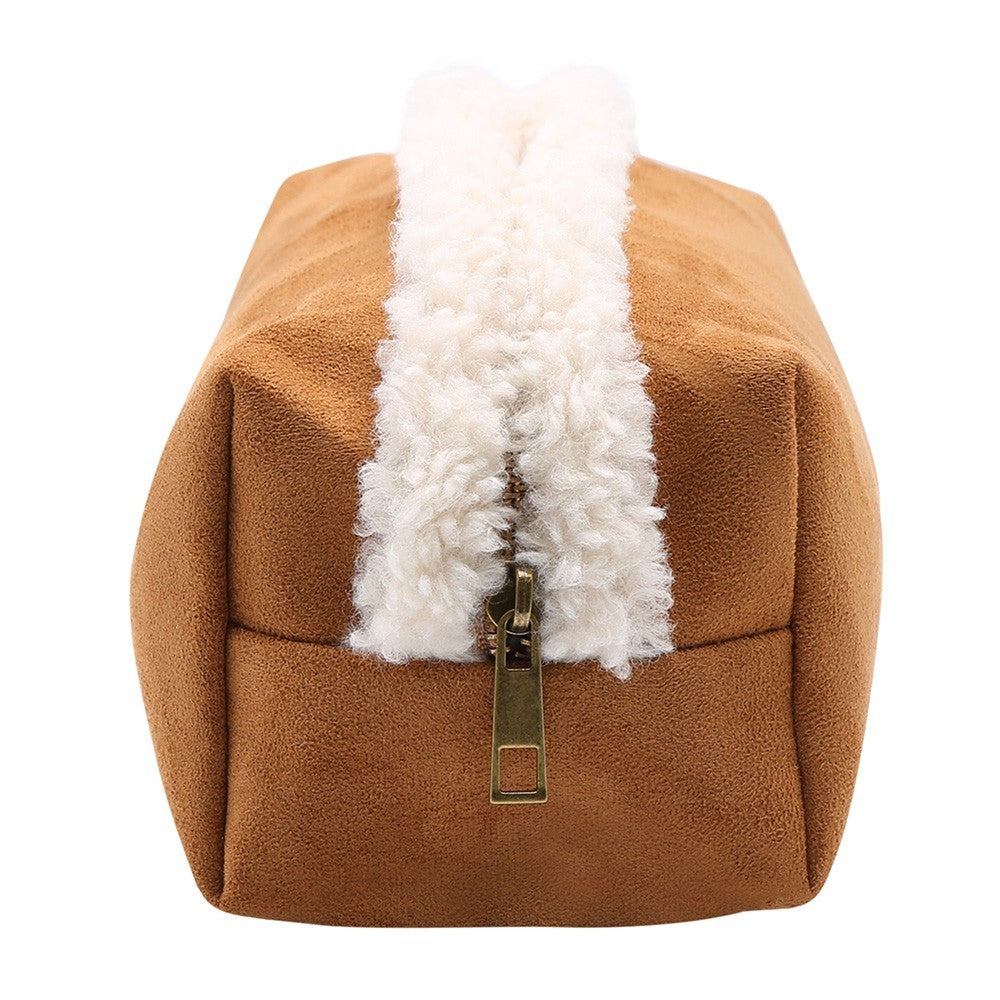 Sherpa Trim Faux Suede Pouch Bag Women’s Soft Winter Handbag in Camel