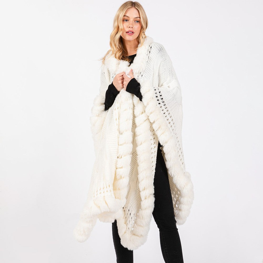 Luxurious White Cable Knit Shawl Cape Faux Fur Trim Open Front Long Poncho