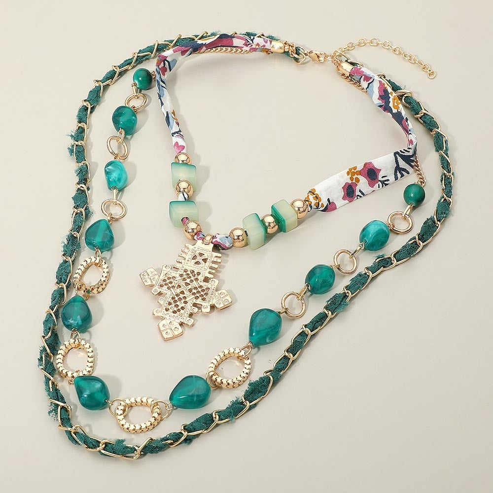 Abstract Mixed Charm Beaded Fabric Scarf Layered Necklace for Women Green