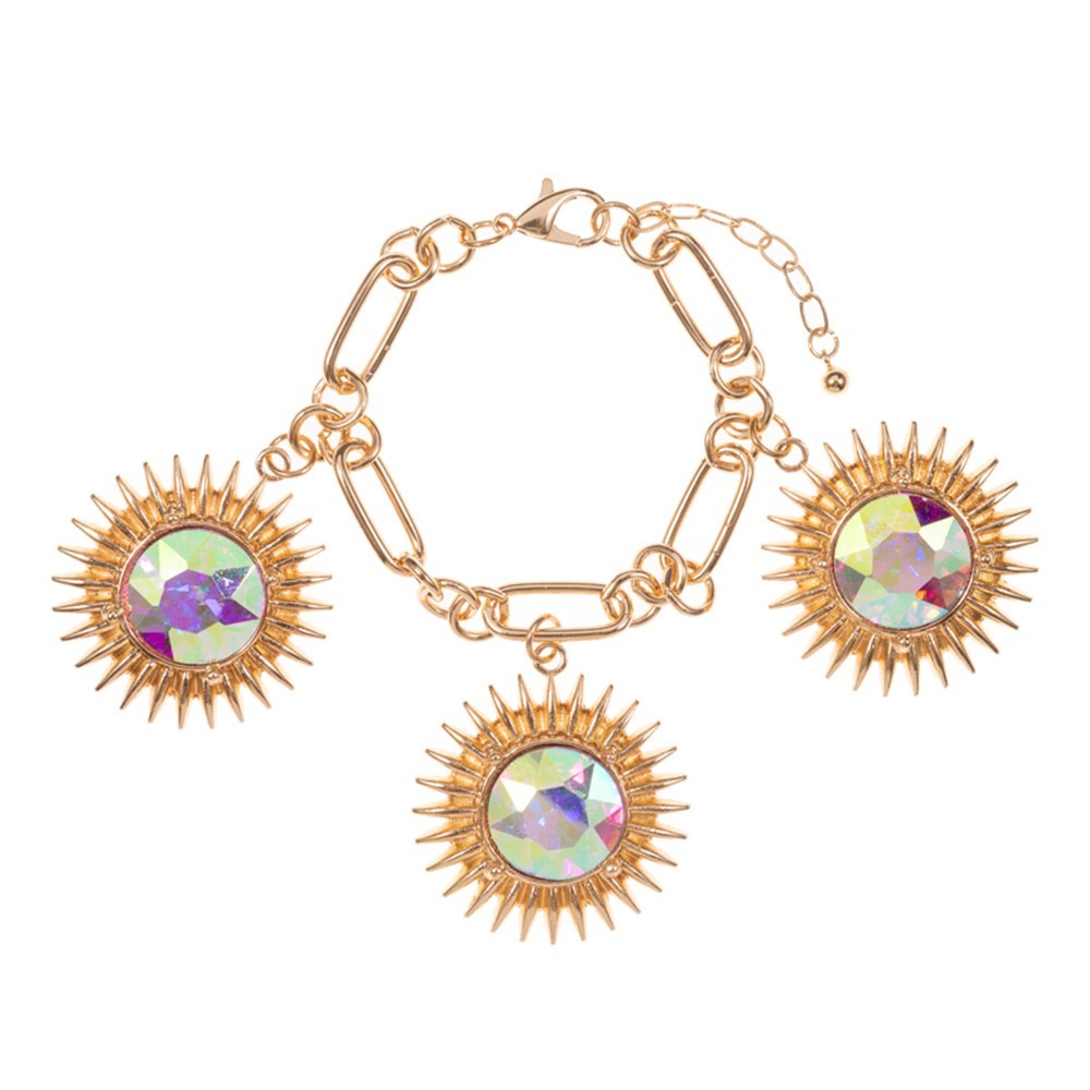 Gold Sunburst Charm Bracelet Iridescent Gem Statement Jewelry Adjustable