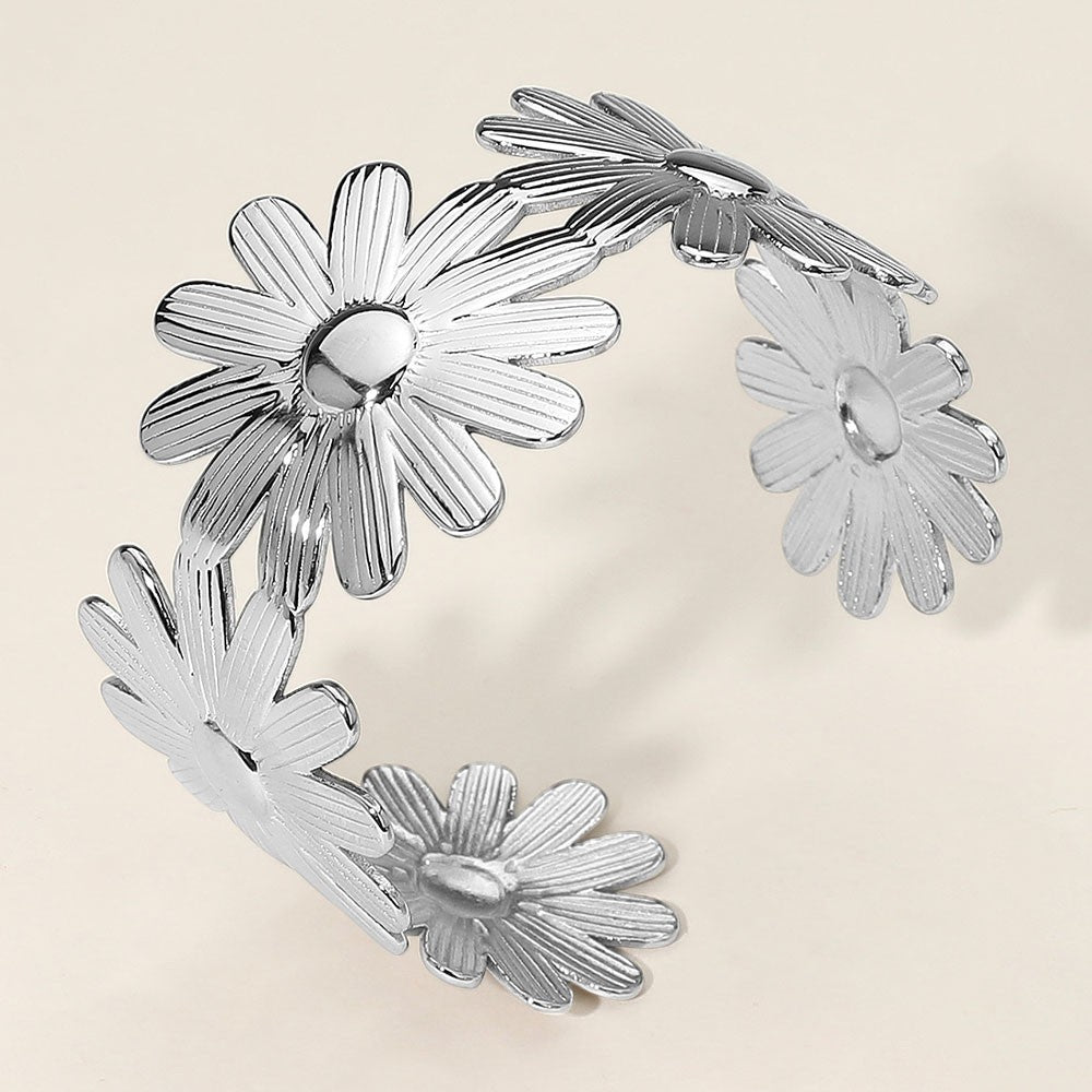 Silver Tone Stainless Steel Floral Cuff Bracelet – Etched Open Bangle for Women