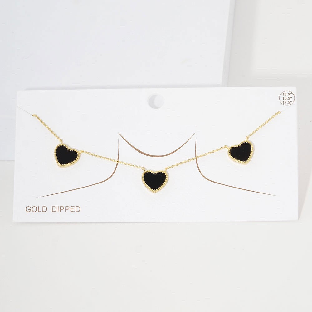 Gold Dipped Black Heart Triple Pendant Necklace Dainty Clover Style 15.5" + 2" L