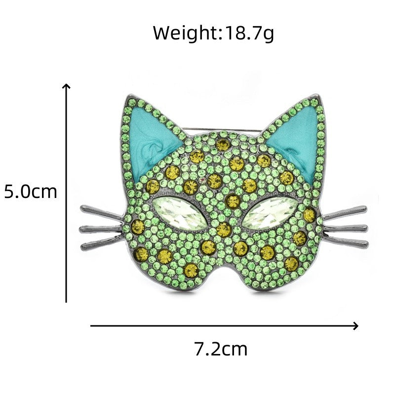 Cat Face Brooch Green Yellow Rhinestone Whiskers Costume Jewelry Statement Pin