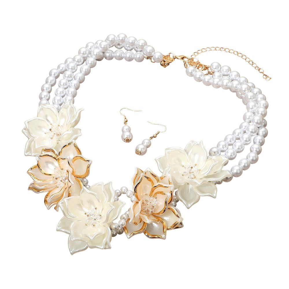 Two-Tone Pearly Floral Link 3-Strand Faux Bead Statement Necklace with Earrings