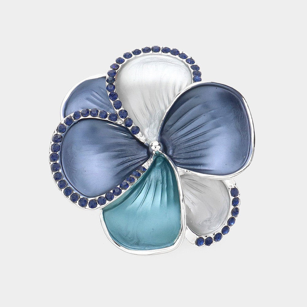 2pc Magnetic Flower Brooch Set Blue Multi Enamel Rhinestone No Hole Scarf Clip