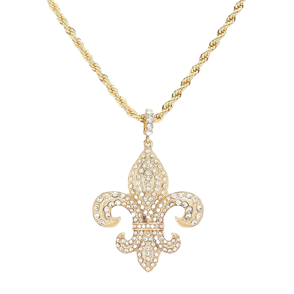 Iced Out Fleur De Lis Pendant Necklace Gold Tone Rope Chain Hip Hop Jewelry