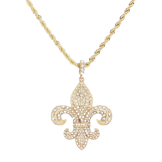 Iced Out Fleur De Lis Pendant Necklace Gold Tone Rope Chain Hip Hop Jewelry