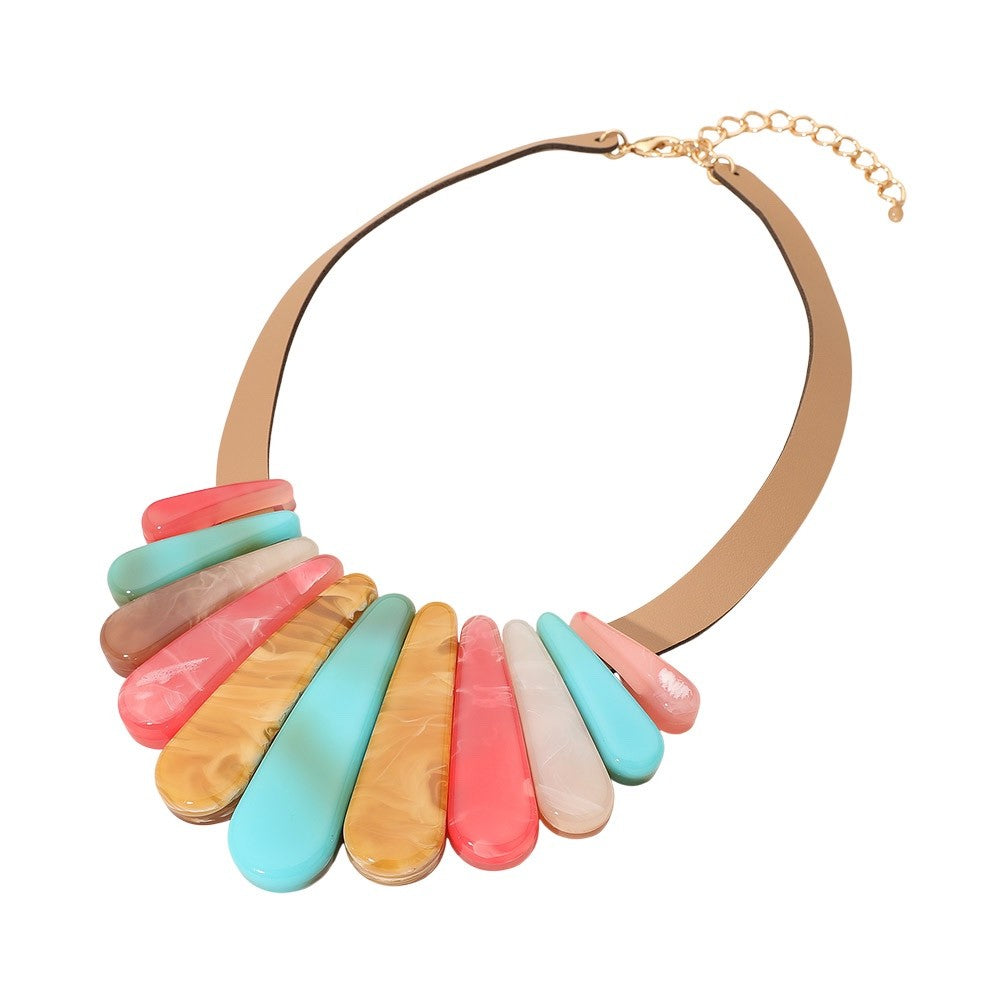 Colorful Resin Teardrop Statement Necklace with Adjustable Faux Leather Band