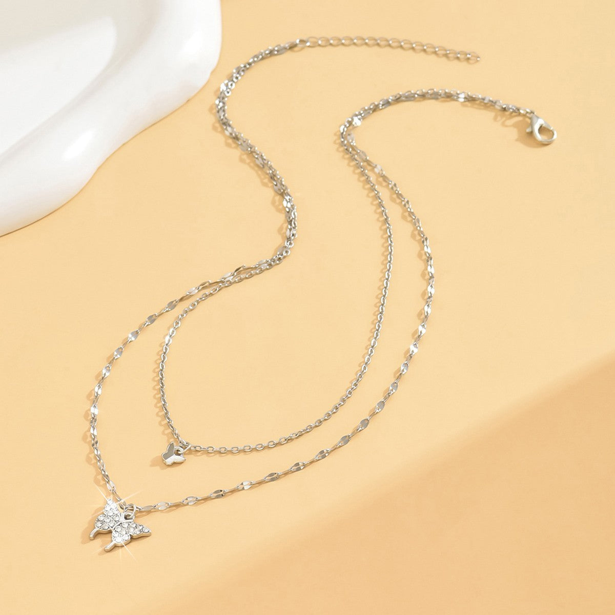 Layered Butterfly Charm Necklace for Women Silver Plated Double Chain