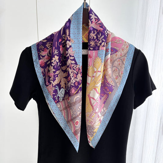 2pcs Floral Animal Print Square Scarf 27.5" Purple Blue Pink Satin Polyester