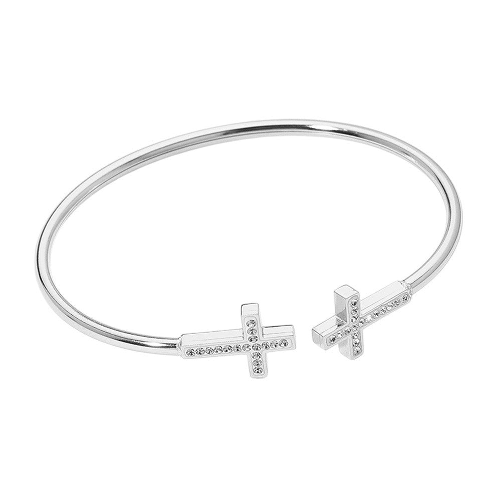Holiday Gift Set! Gold & Silver Crystal Cross Cuff Bangle Bracelet Stack Duo