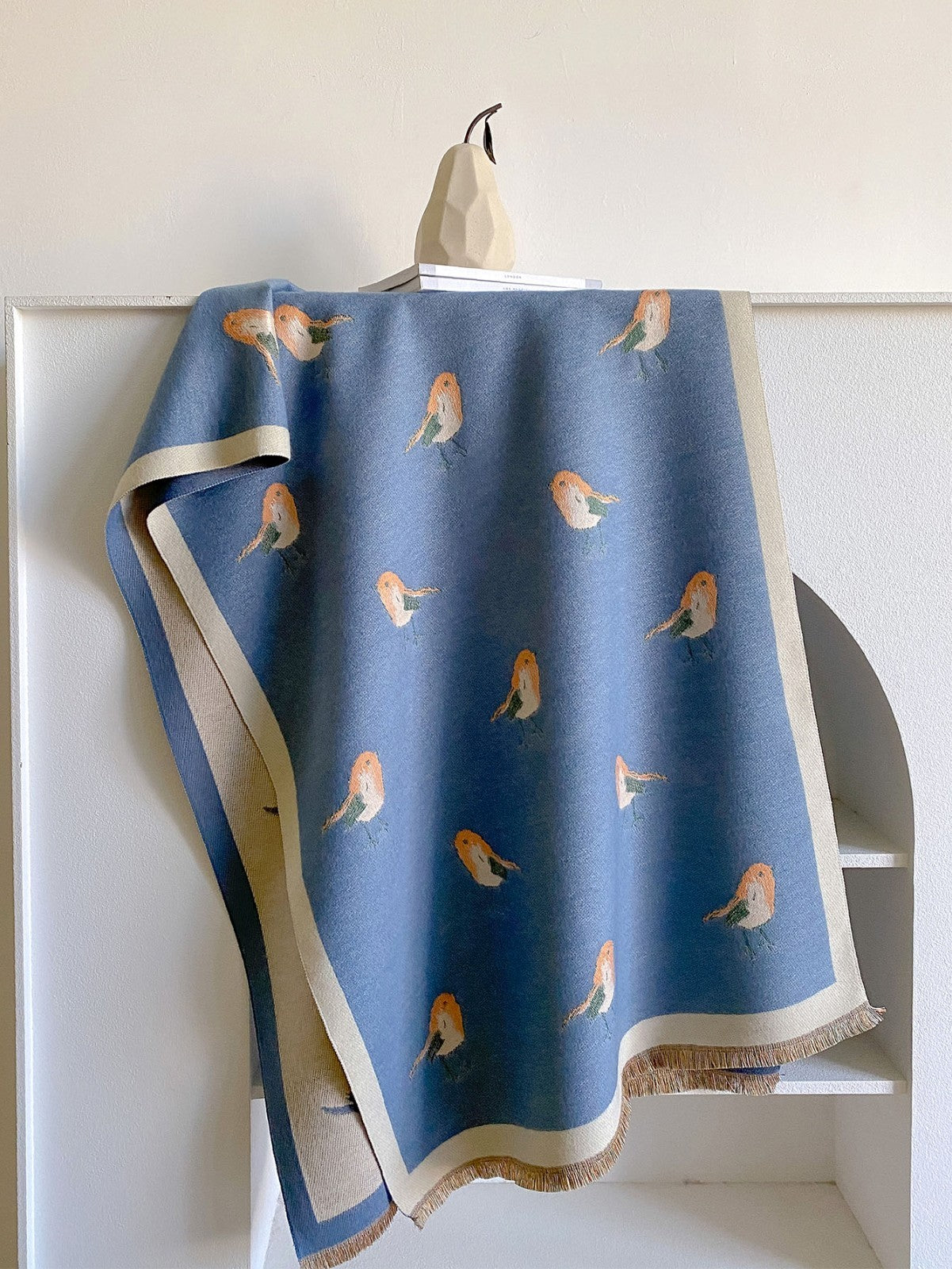 Luxurious Blue Knit Wool Feel Shawl Scarf with Bird Motif Unisex Winter Wrap