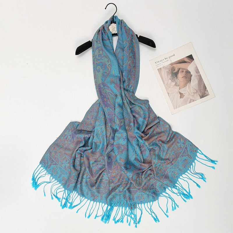 3 PC Paisley Pashmina Shawl Set - Teal Red Blue Floral Wrap Scarf with Tassels