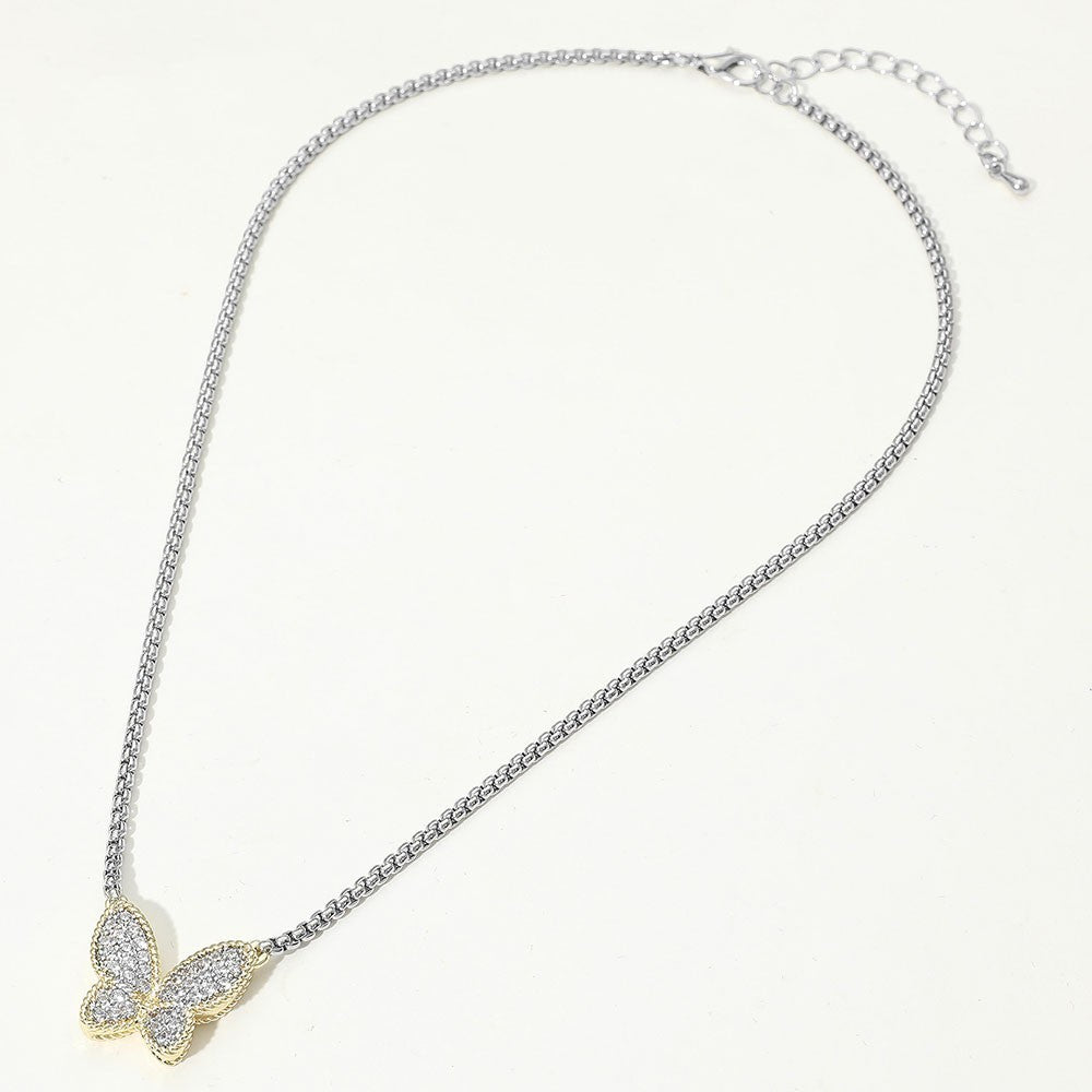 Two-Tone Pave CZ Butterfly Pendant Necklace Silver Rose Gold Tone Charm 18"