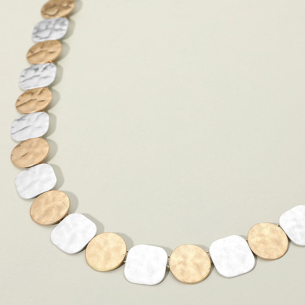 Two-Tone Hammered Disc Choker Necklace Gold & Silver Tone Collar Jewelry