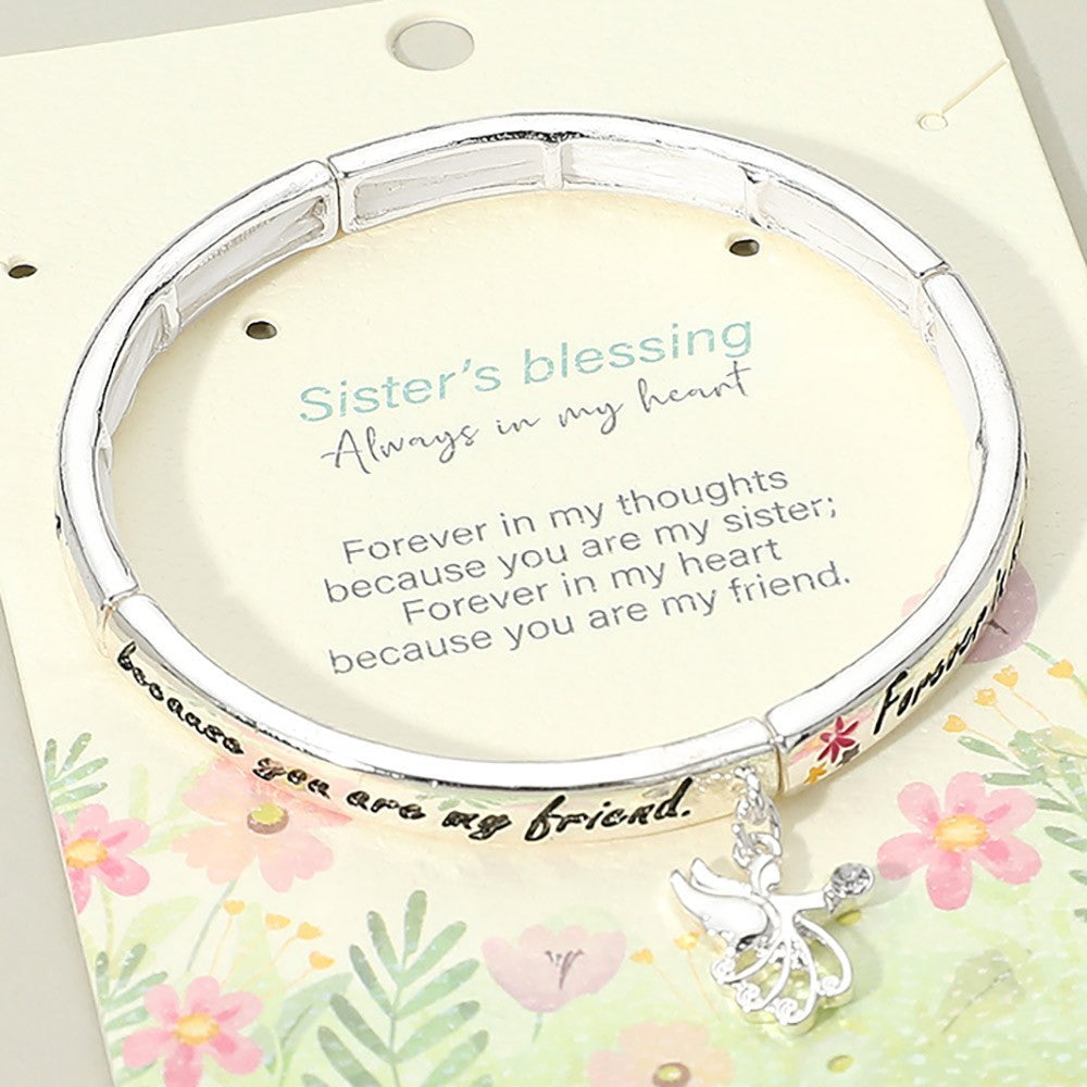 Sister Blessing Angel Charm Stretch Bangle Bracelet Gift for Friend Sister