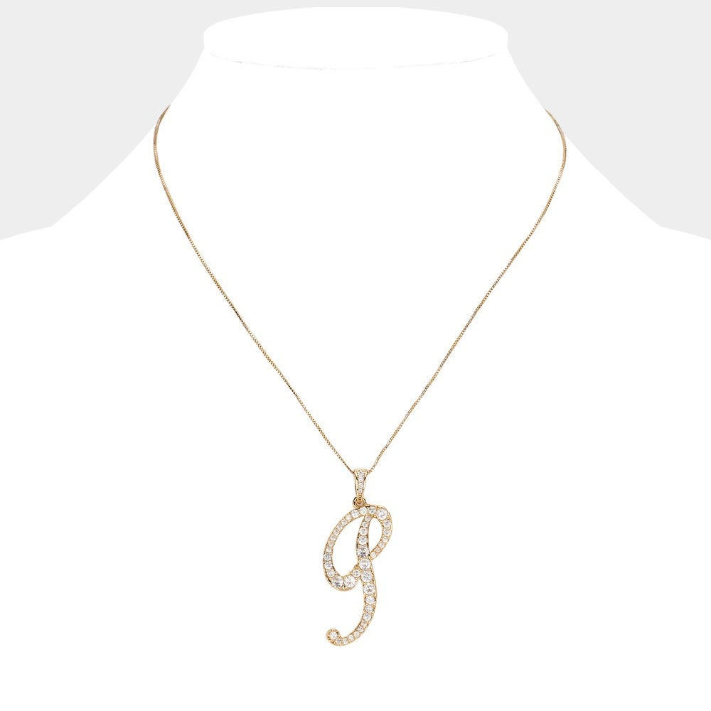 Gold Tone Cursive Letter P Initial Pendant Necklace with Cubic Zirconia