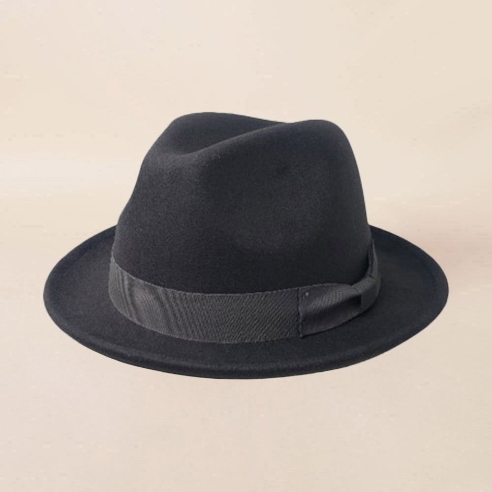 Classic Black Cotton Polyester Felt Fedora Hat with Grosgrain Ribbon Unisex