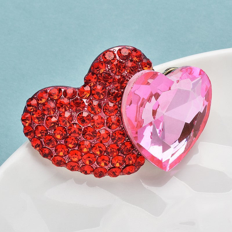 Sparkling Red Pink Crystal Double Heart Brooch Pin Statement Gift