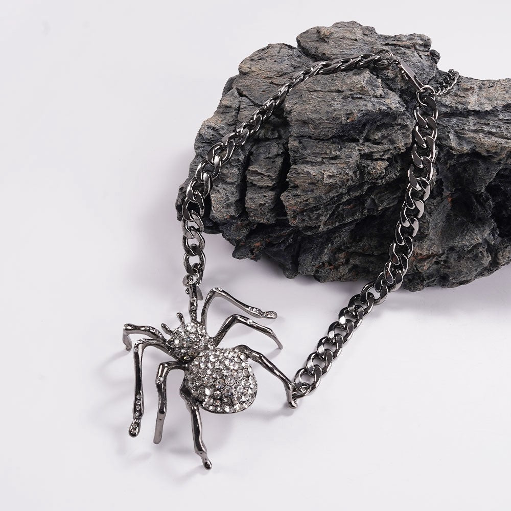 Large Spider Rhinestone Pendant Gunmetal Cable Chain Gothic Halloween Necklace