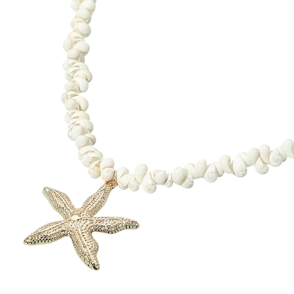 Gold Starfish Pendant Shell Bead Necklace|Beach Inspired Summer Jewelry