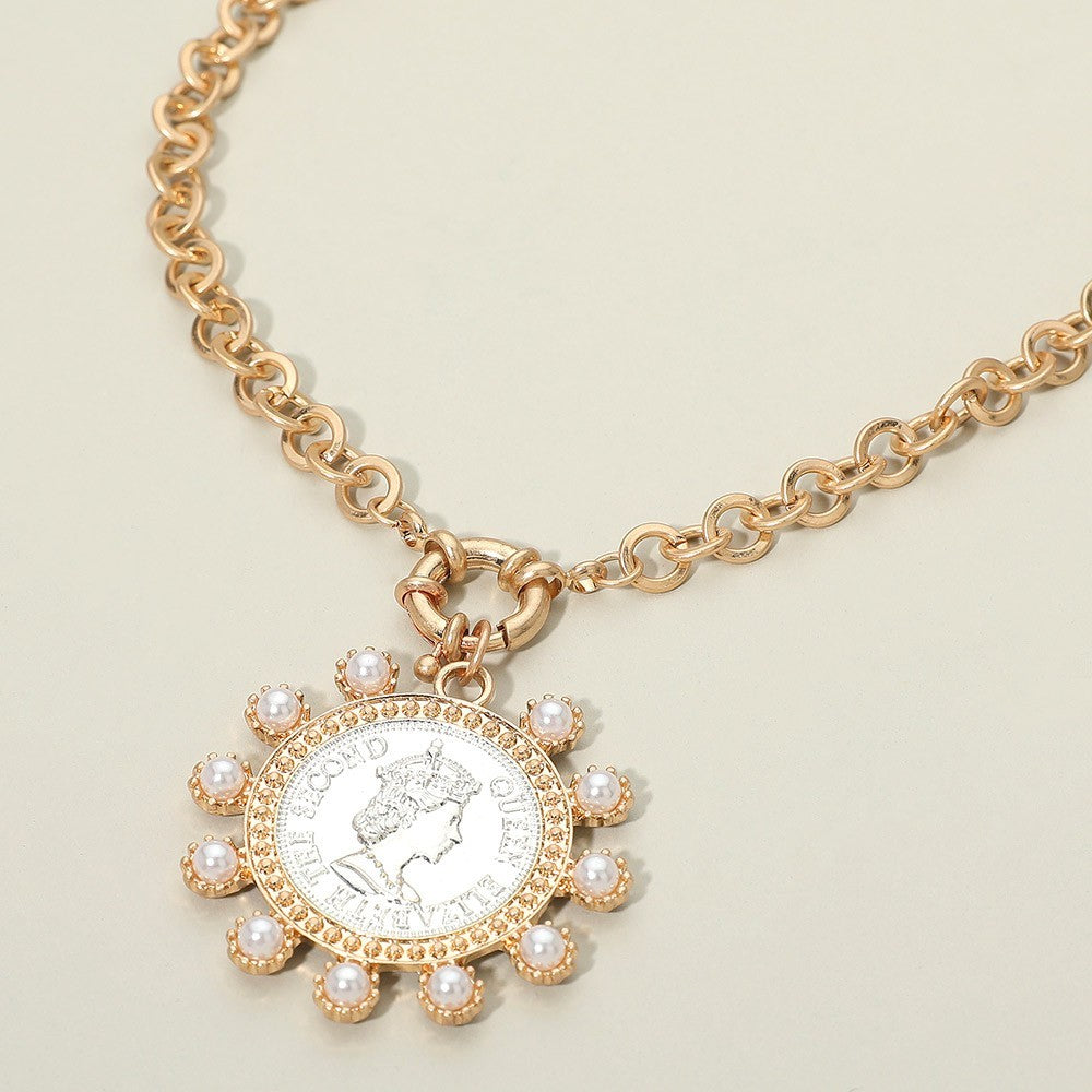 Gold Tone Bold Faux Pearl Decorative Coin Pendant Necklace with Round Link Chain