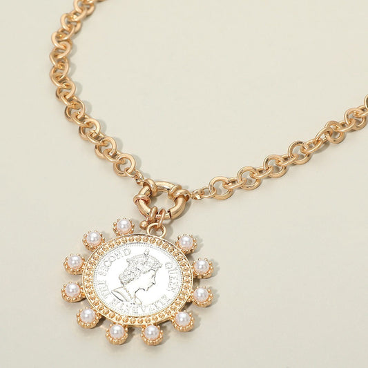 Gold Tone Bold Faux Pearl Decorative Coin Pendant Necklace with Round Link Chain