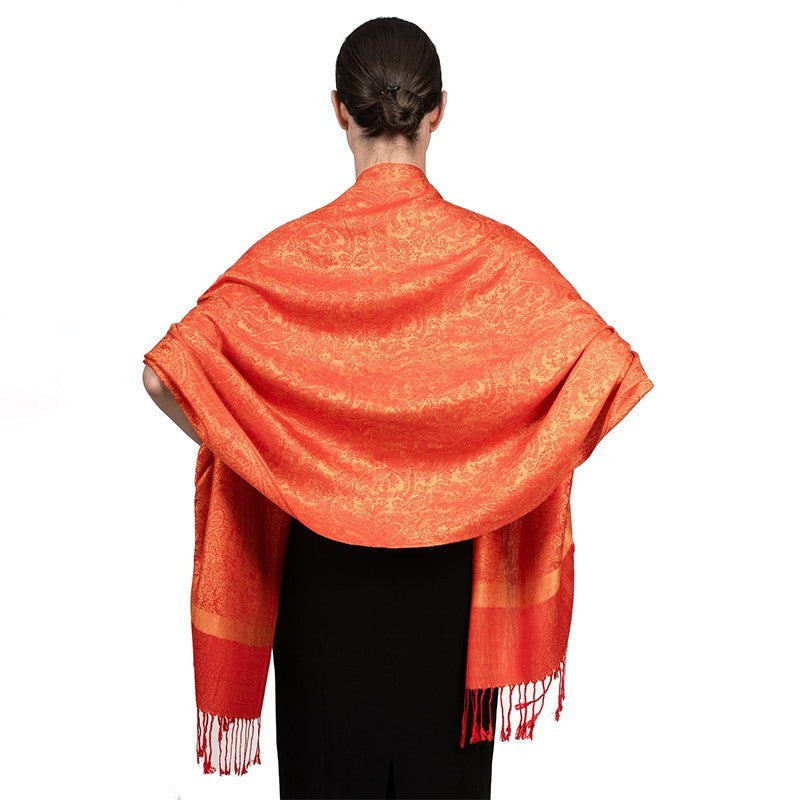Orange Pashmina Shawl Scarf Paisley Jacquard Wrap Evening Stole With Tassels