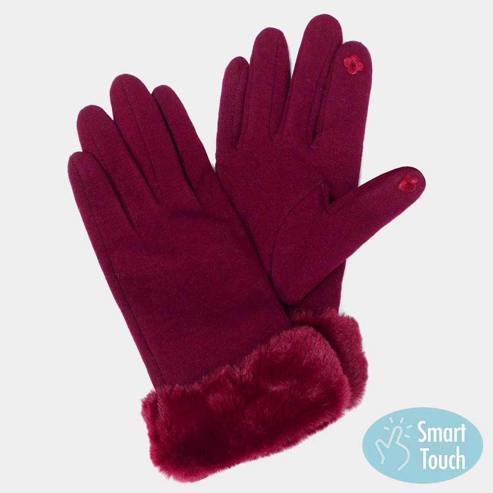 Women's Burgundy Knit Faux Fur Cuff Touchscreen Gloves One Size Ladies Gloves