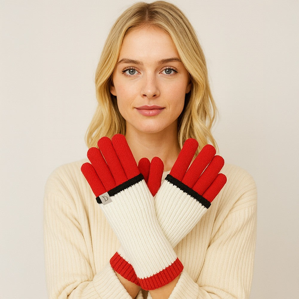 Ribbed Color Block Layered Knit Unisex Winter Gloves Touchscreen White & Red