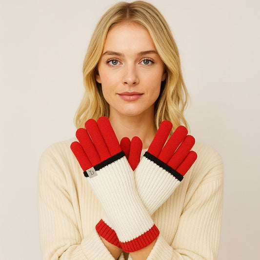 Ribbed Color Block Layered Knit Unisex Winter Gloves Touchscreen White & Red