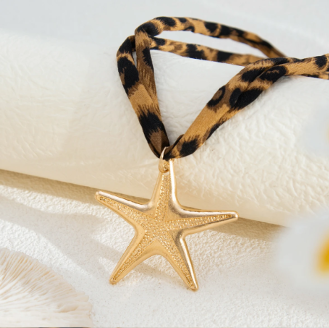 Animal Print Fabric Necklace Gold Tone Star Pendant Statement Jewelry for Women
