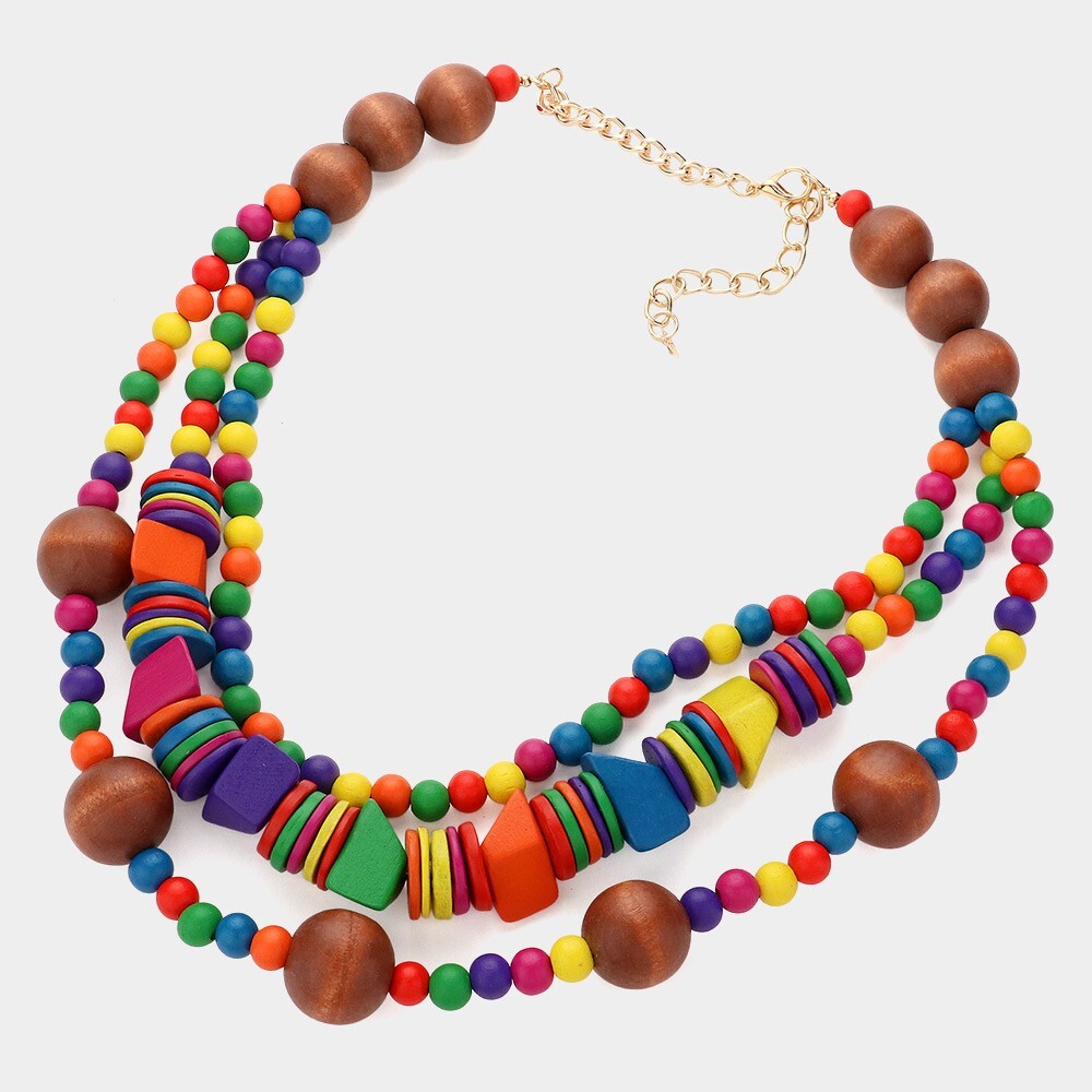 Wood Ball Beaded Triple Layered Statement Necklace for Women Fashion Jewelry