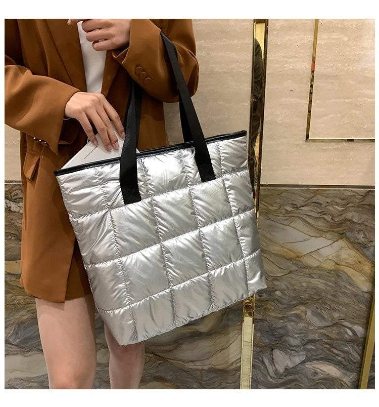 Gray Quilted Puffer Tote Bag Shoulder Handbag Zipper Closure Carryall Purse