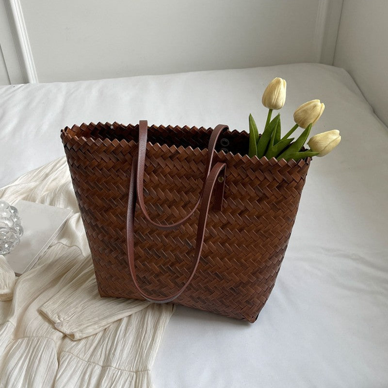 Handwoven Basket Weave Rattan Straw Tote Bag Large Capacity Brown Bags