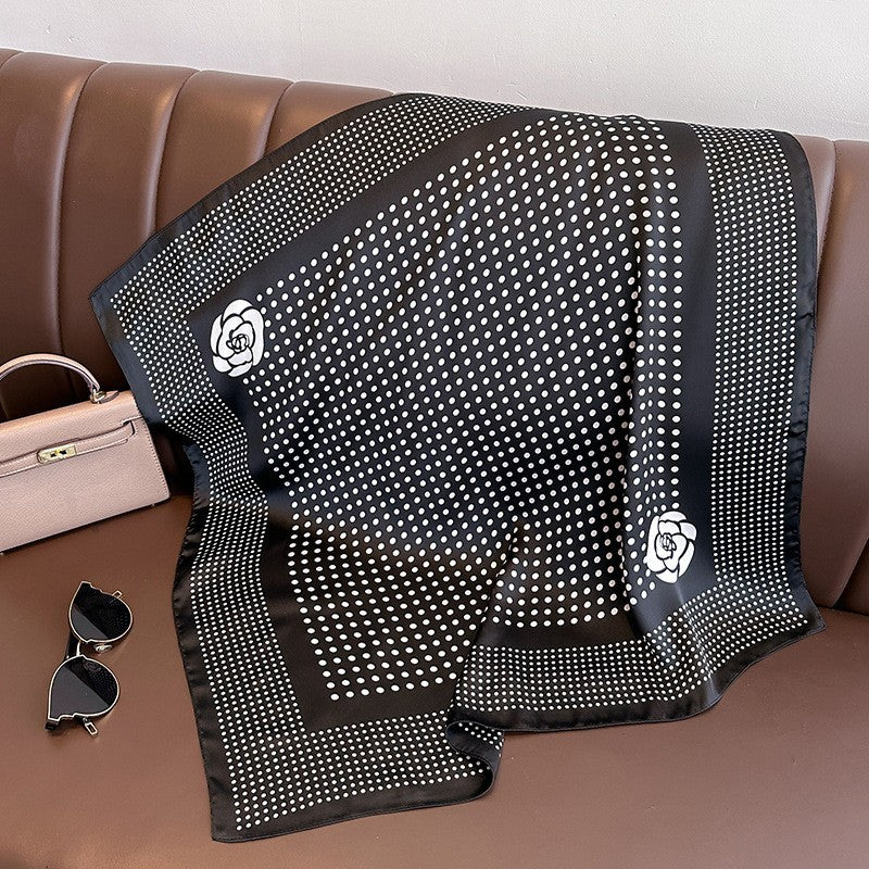 Silk Feel Polka Dot Scarf with Rose Print  Black & White Fashion Accessory Women