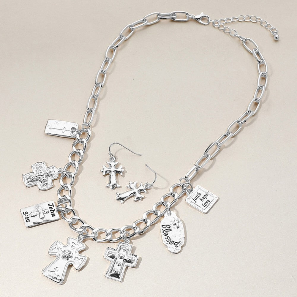 Chunky Chain Necklace Set with Metal Cross and Bible Charm Station for Women