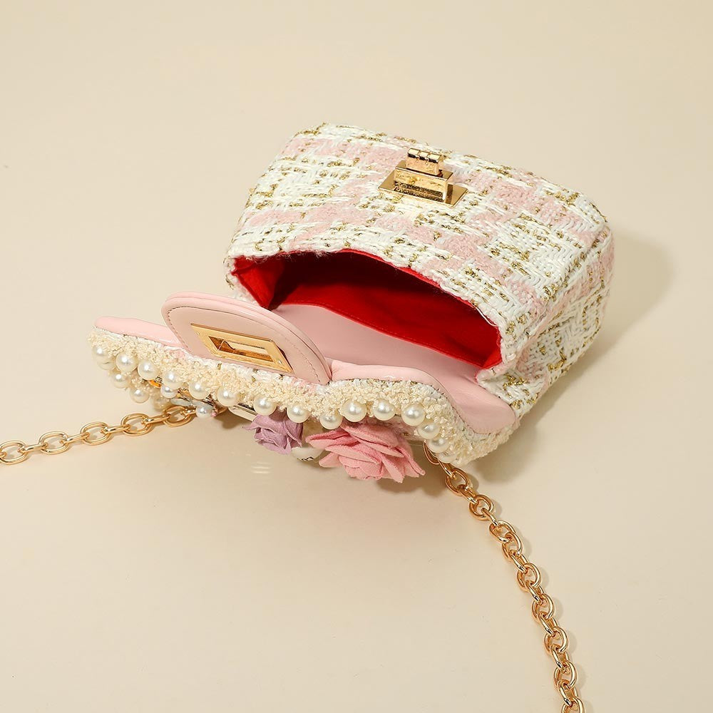 Tweed Mini Crossbody Bag Pearl Flower Embellished Chain Shoulder Purse Kids Girl