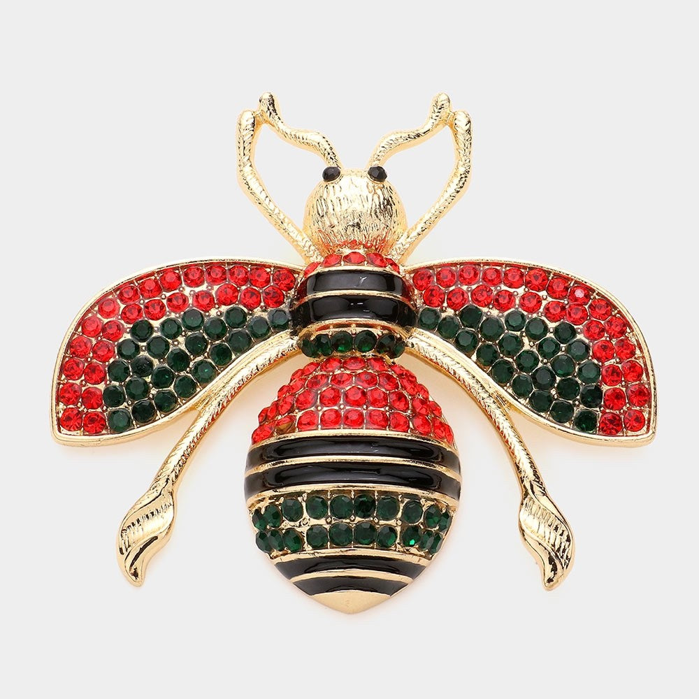 Red & Green Rhinestone Bee Brooch Gold Tone Animal Insect Statement Pin