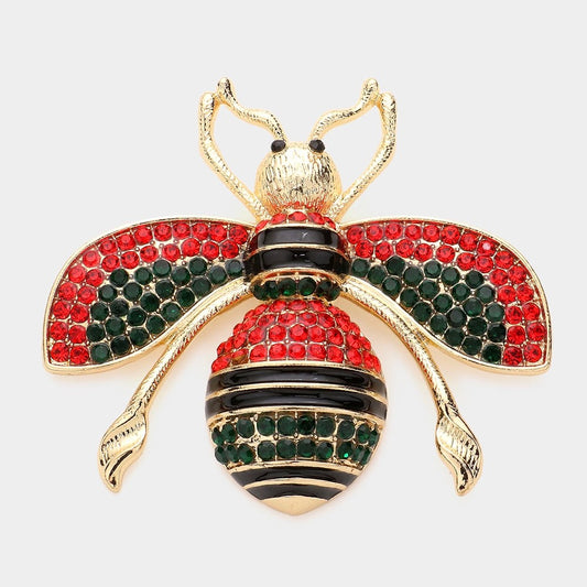 Red & Green Rhinestone Bee Brooch Gold Tone Animal Insect Statement Pin
