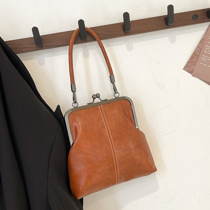 Cognac Faux Leather Kiss Lock Frame Bag Small Doctor Style Crossbody Handbag