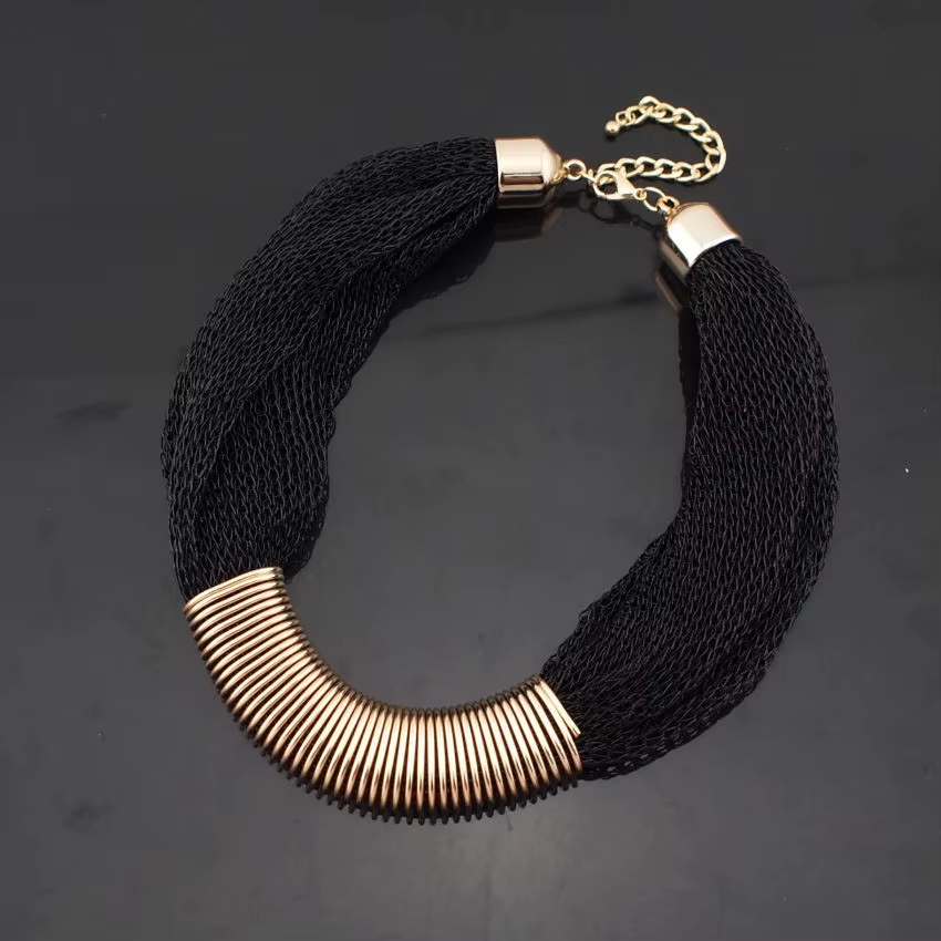 Chunky Black Mesh Net Statement Necklace Gold Coil Collar Choker Fashion Jewelry