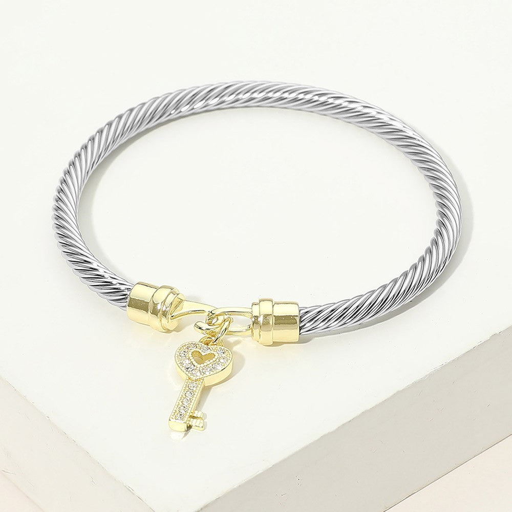 2pc Two Tone Twisted Cable Bangle Bracelet Gold Key Heart CZ Charm Hook Closure